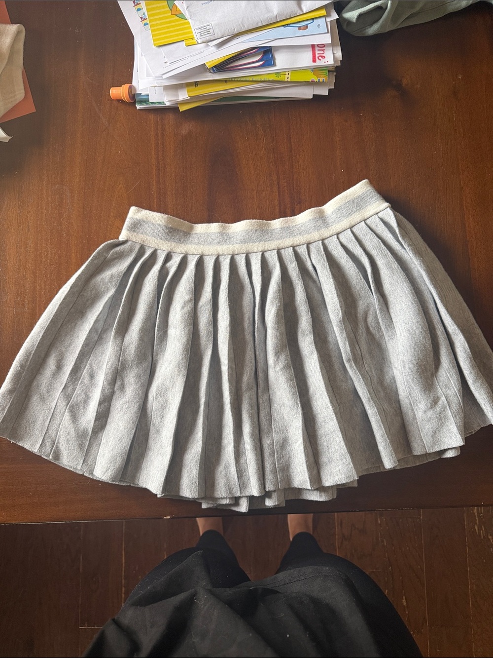 aerie Gray Pleated Skater Skirt with Cream Waistband Accent